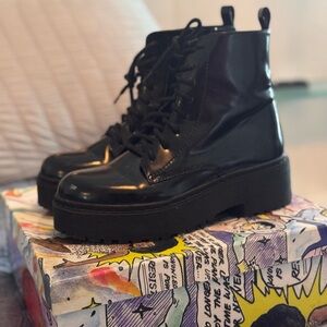 Jeffrey Campbell Black Combat Moto Boots with Platform Sole